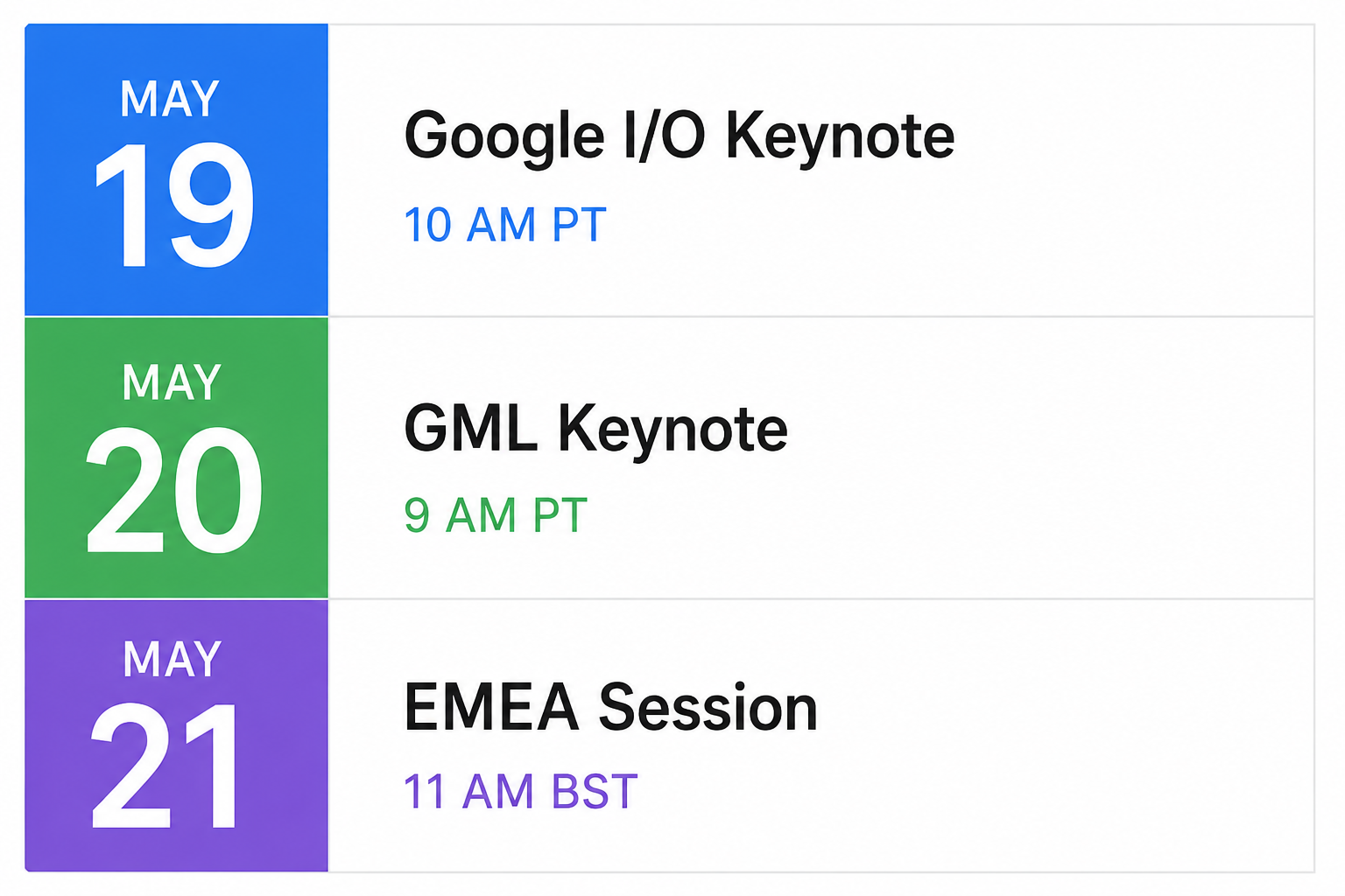 Calendar graphic showing Google I/O on May 19 and Google Marketing Live on May 20 2026 with keynote times for marketers