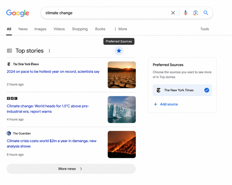 Google Search Top Stories section showing the Preferred Sources star icon for users to select trusted publications in all languages globally