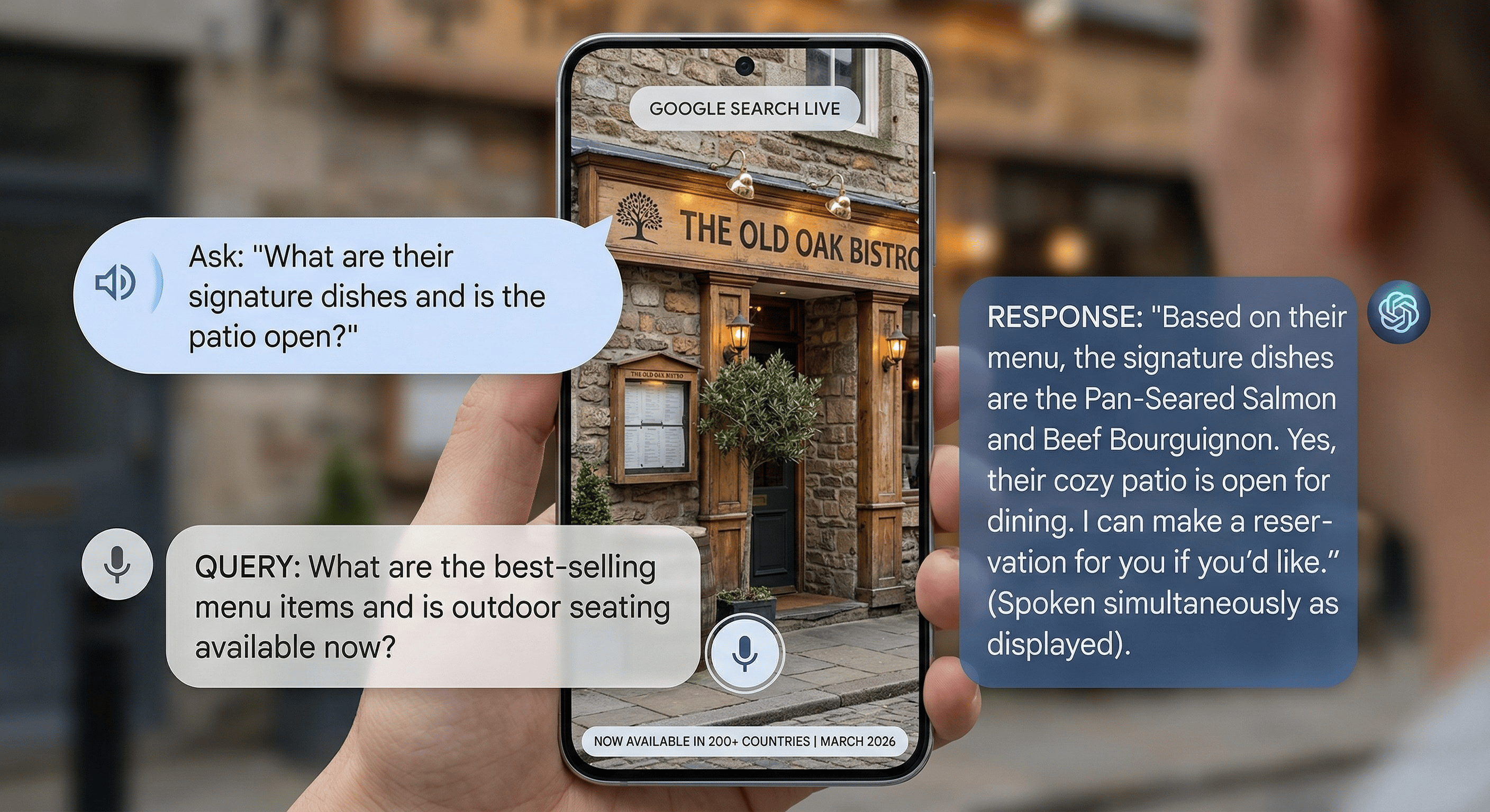 Google Search Live interface showing voice and camera search conversation on mobile phone now available in 200 plus countries March 2026
