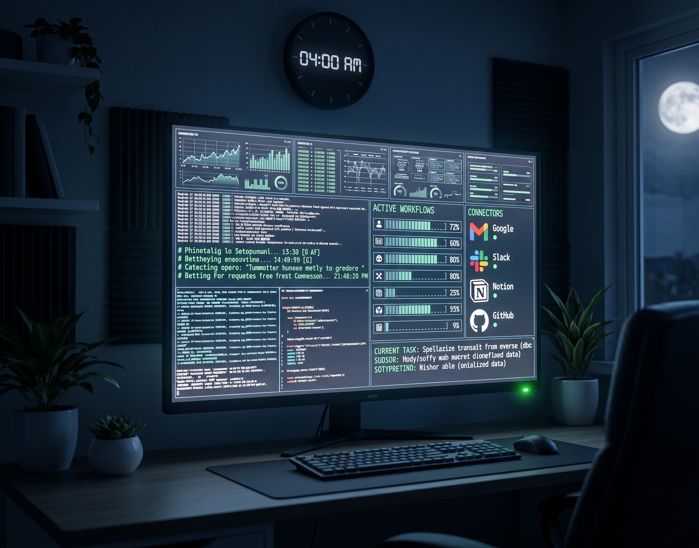 An unattended desk at 4:00 a.m. with a glowing monitor actively running tasks on its own with Perplexity Computer.