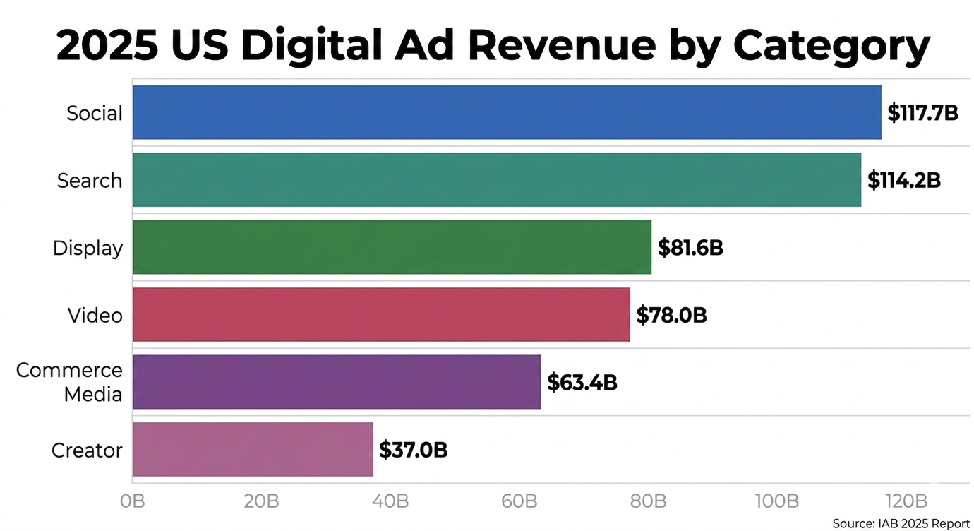 Horizontal bar chart showing 2025 US digital ad revenue by category with social at $117.7 billion leading search at $114.2 billion from IAB report