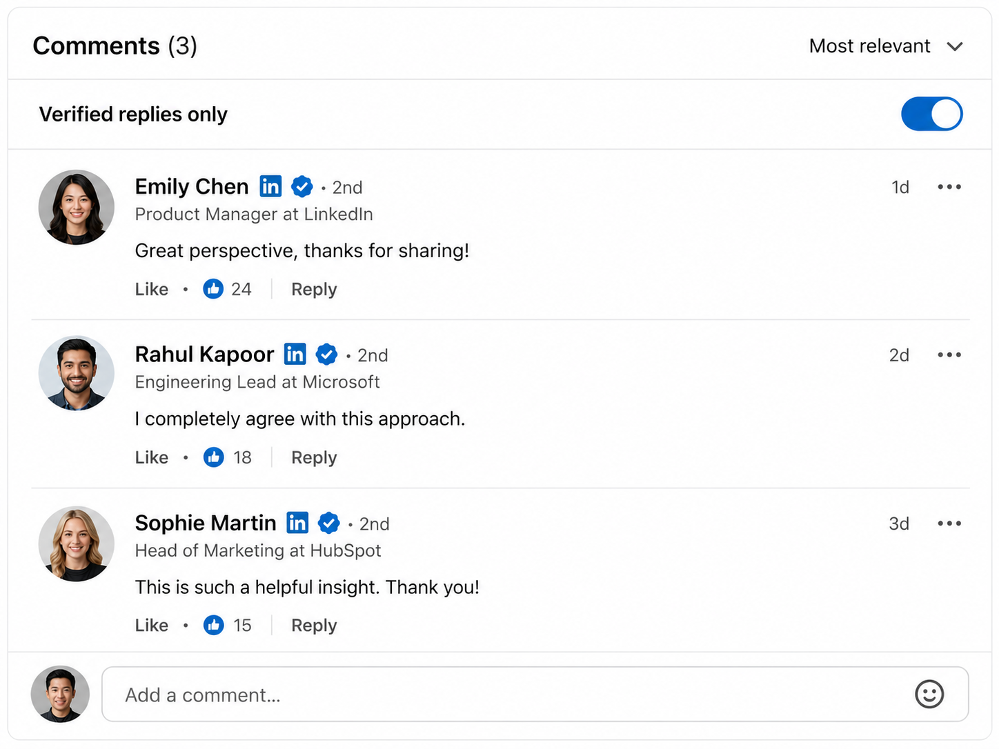 LinkedIn comment section mockup showing verified reply filter toggle with blue verification badges on three professional comments