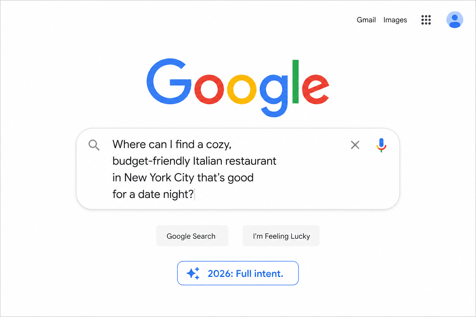 Comparison of a short keyword search from 2015 versus a full natural language query in 2026 showing how Google search behavior has changed