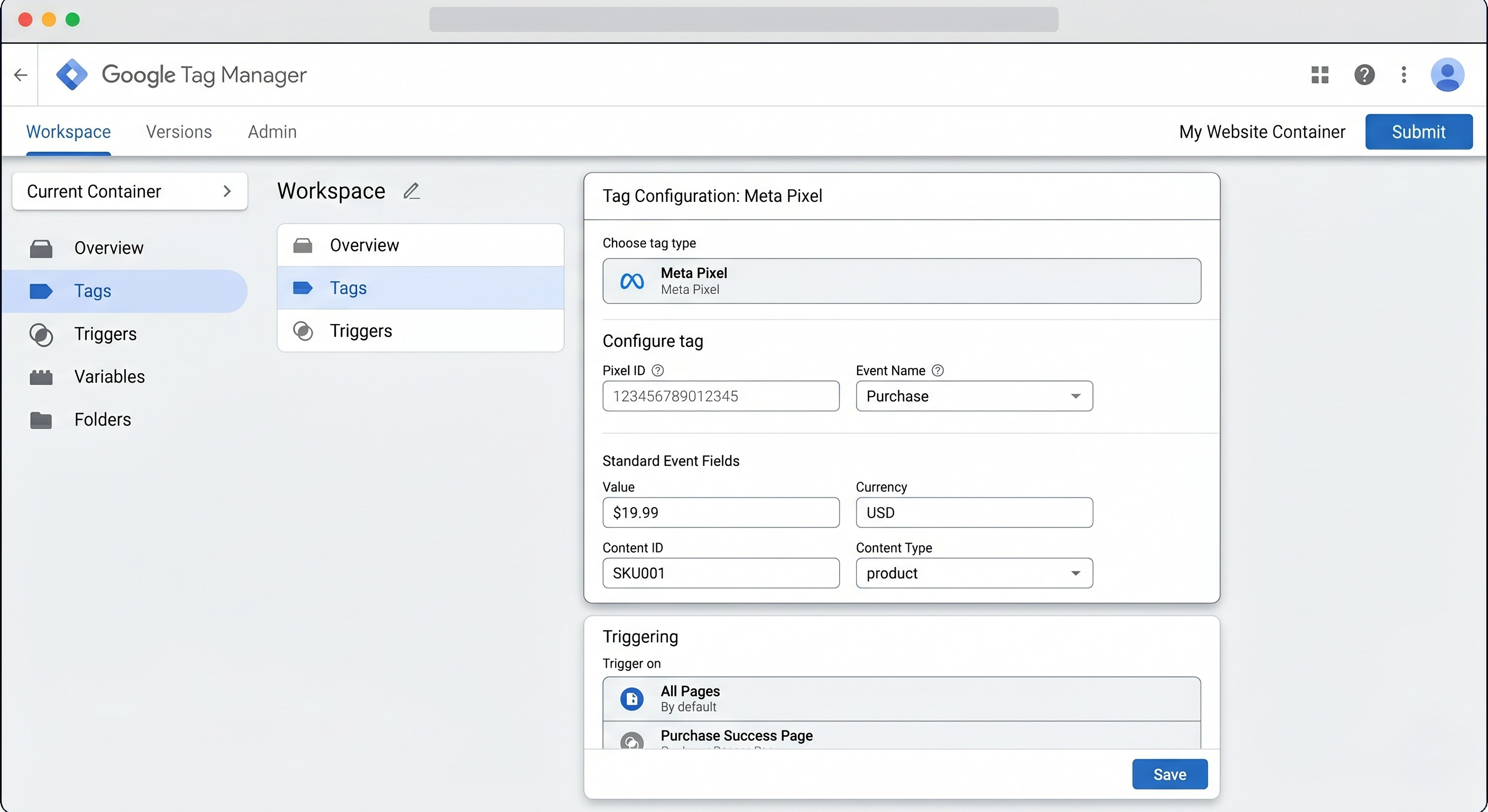 Google Tag Manager interface showing the official Meta Pixel template with standard event configuration fields for simplified ad tracking setup