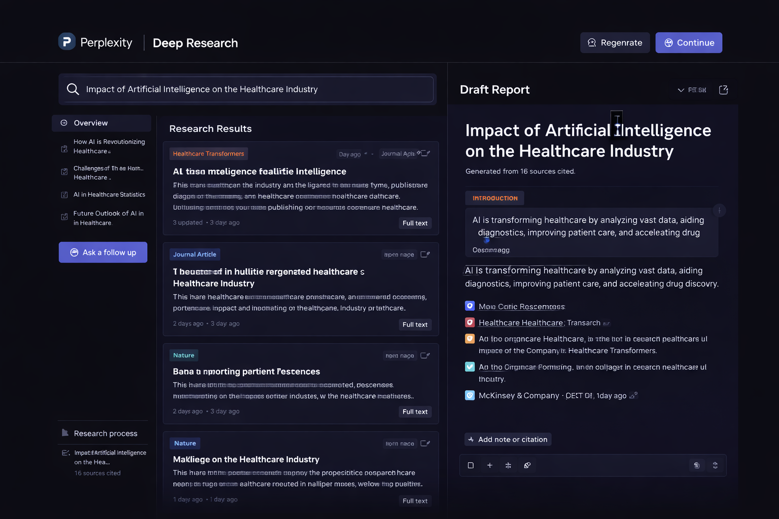 Perplexity Deep Research interface displaying AI-powered research results with citations and sources