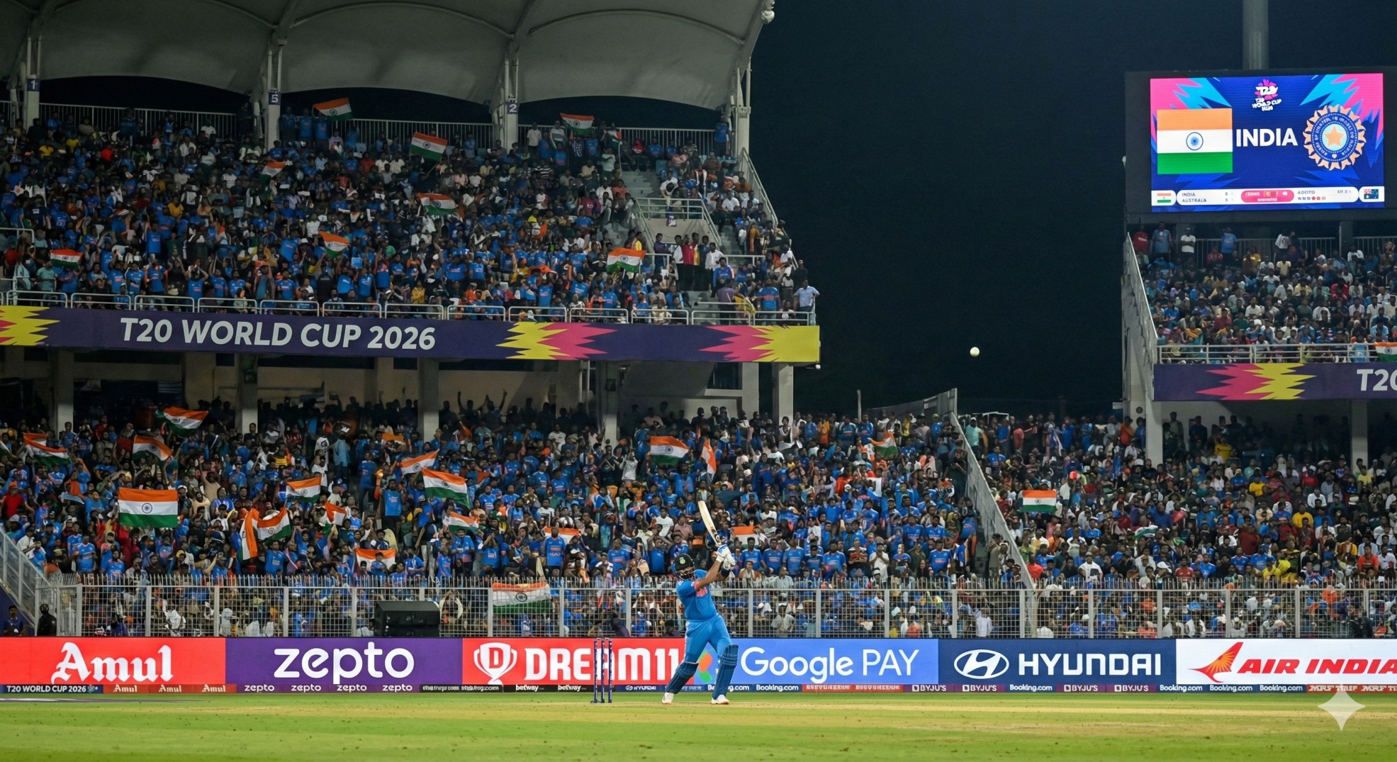 T20 World Cup 2026 stadium showing brand advertising during India cricket match