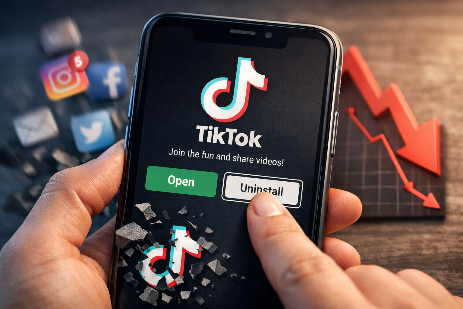 Smartphone displaying TikTok app with uninstall button being pressed illustrating user deletion surge