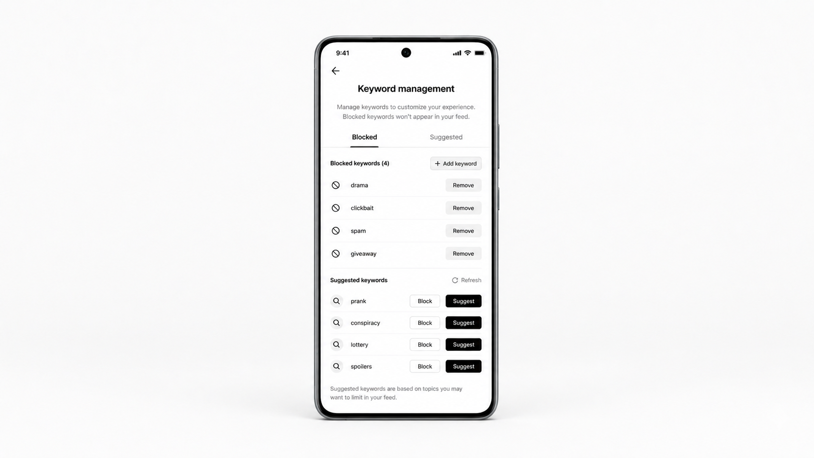 Mobile phone mockup showing TikTok keyword management interface where creators can block or suggest search keywords for their videos