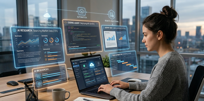 Person using a laptop with an AI task automation dashboard showing multiple workflows running in the cloud, illustrating how to access Perplexity Computer