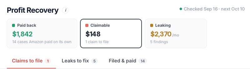 Sellerview Profit Recovery page with Paid back, Claimable and Leaking cards for Amazon FBA lost inventory reimbursement