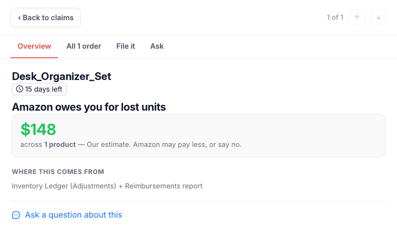 Open claim in Sellerview Profit Recovery showing Amazon owes you for lost units, an estimated $148 and 15 days left