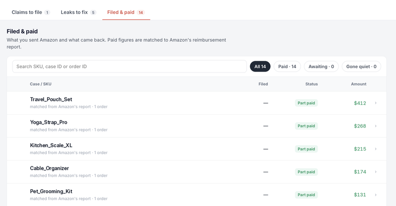 Sellerview Filed and paid tab listing Amazon FBA reimbursement cases matched to Amazon's reimbursement report