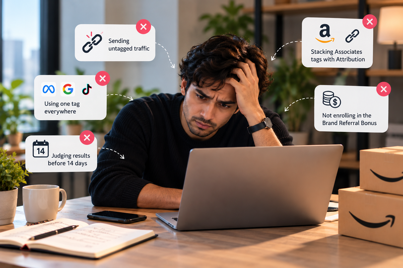 Frustrated Amazon seller surrounded by five common Amazon Attribution mistakes, from untagged links to skipping the Brand Referral Bonus