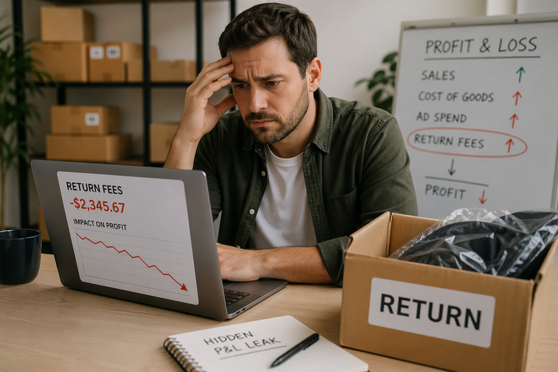 Stressed e-commerce seller analyzing rising return fees impacting profit while surrounded by returned packages.