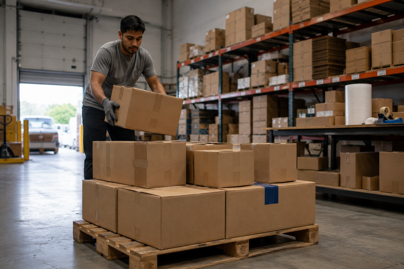 Warehouse worker stacking Amazon FBA inventory boxes tied up as capital
