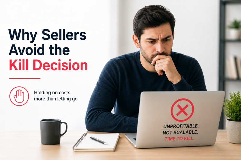 Minimal lifestyle illustration of an Amazon FBA seller analyzing an unprofitable product on a laptop, representing why sellers delay discontinuing poor-performing SKUs due to sunk costs, emotional attachment, and profit decision bias.