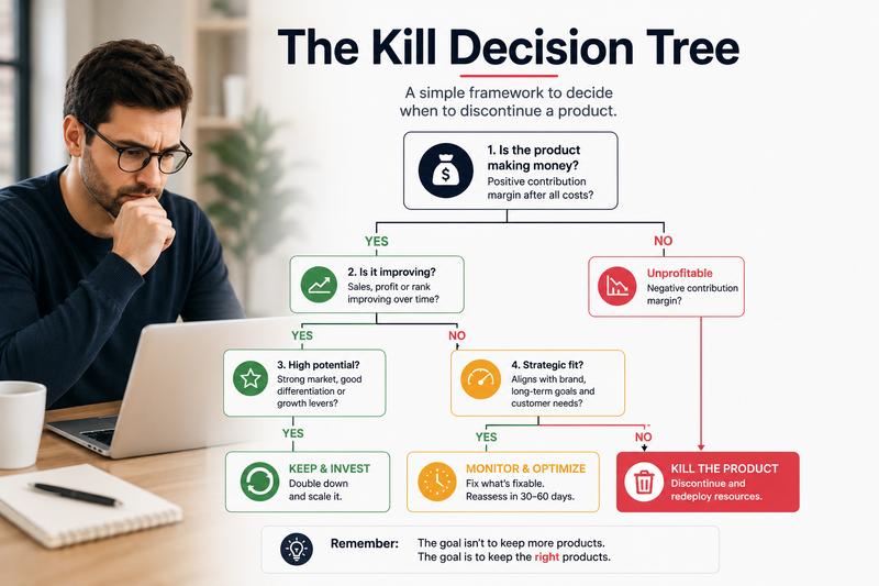 Lifestyle-style illustration of an Amazon FBA seller evaluating a product decision tree on a laptop, showing a simple framework to determine whether to optimize, keep, or discontinue an unprofitable SKU based on contribution margin, growth potential, and long-term profitability.