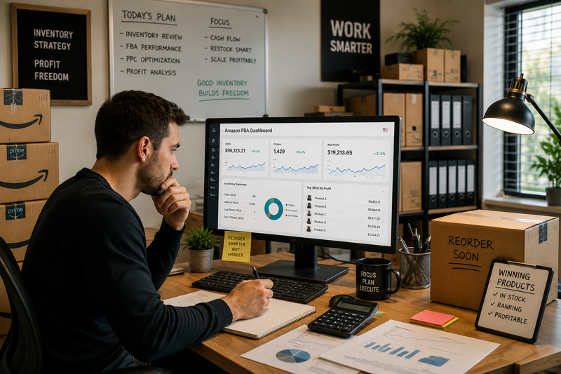 Amazon FBA seller analyzing inventory performance and reorder decisions in a modern ecommerce office surrounded by shipping boxes, inventory reports, and business analytics dashboards.
