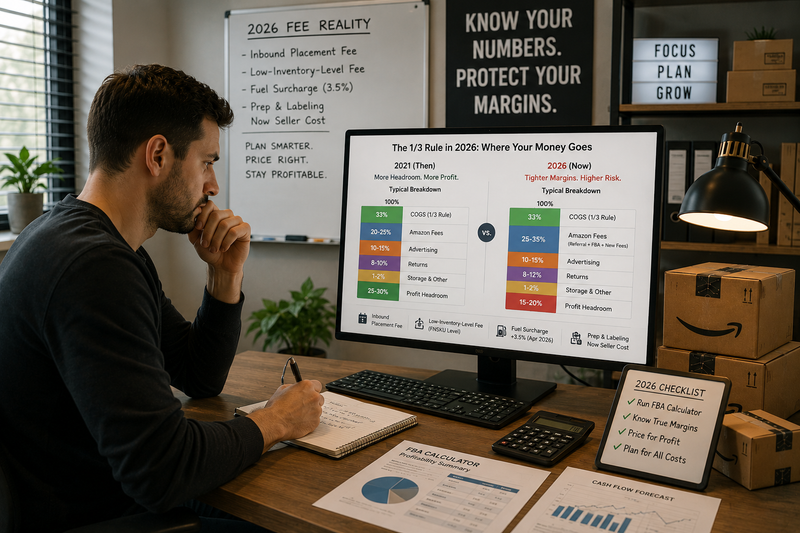 Amazon FBA seller reviewing profitability and inventory costs in a modern office, analyzing how rising fees impact product margins and business performance.