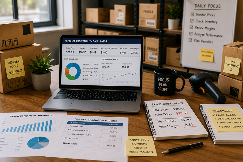 Amazon FBA inventory workspace with profitability dashboard, shipping boxes, reorder planning notes, and business analytics tools.