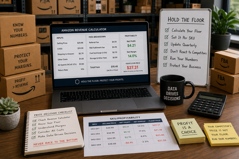 Amazon FBA profitability workspace featuring inventory boxes, pricing analysis tools, and a revenue calculator used to determine sustainable product pricing and profit margins.