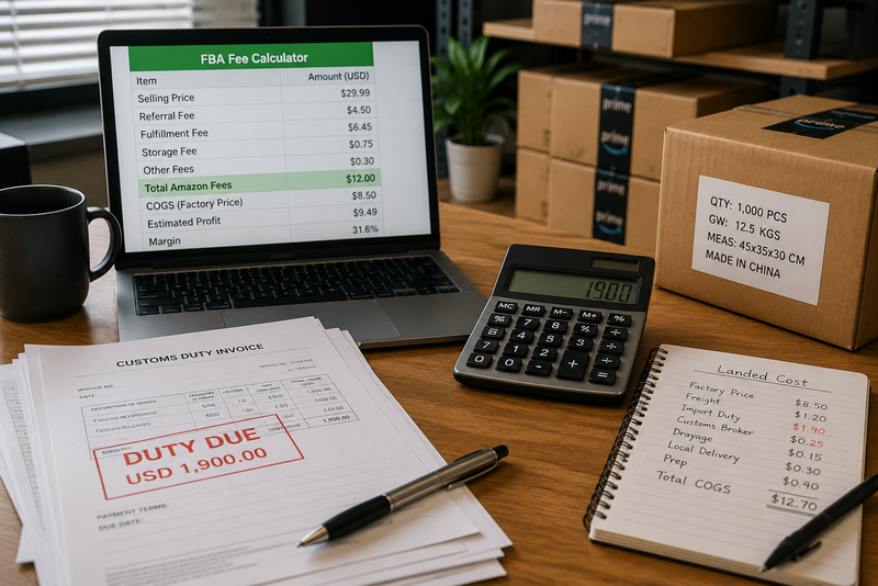 Amazon FBA cost analysis workspace showing shipping boxes, customs paperwork, landed cost calculations, and profitability planning beyond factory pricing.