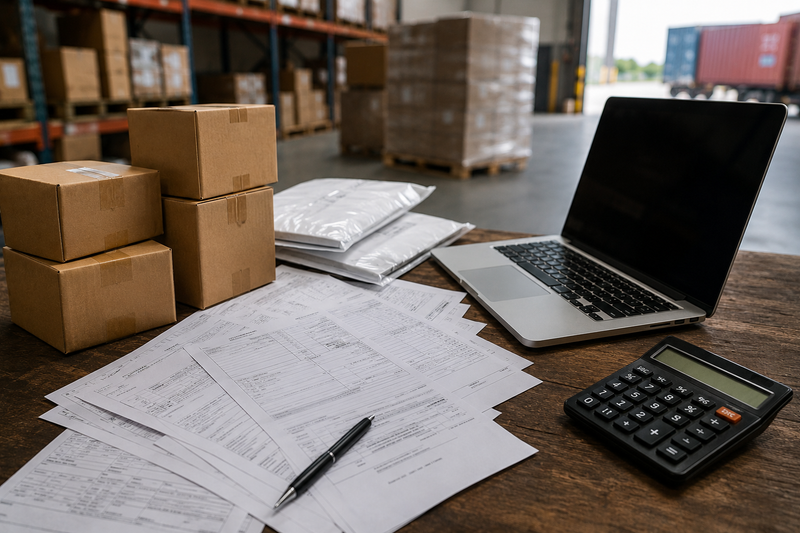 Warehouse import workspace with shipping cartons, customs documents, a calculator, and logistics planning tools used to track landed costs and inventory expenses.