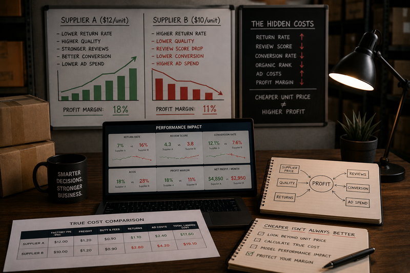 Amazon FBA sourcing analysis workspace comparing supplier costs, product quality impact, return rates, conversion performance, and long-term profitability.