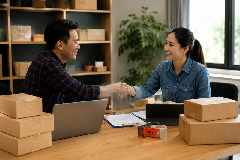Amazon FBA supplier partnership and sourcing strategy meeting in a warehouse office, focused on inventory planning, product quality, and long-term business growth.