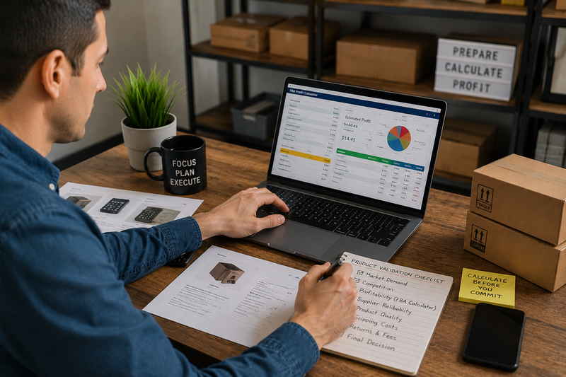 Amazon FBA product validation workspace with inventory samples, profitability analysis, sourcing documents, and pre-purchase decision planning tools.