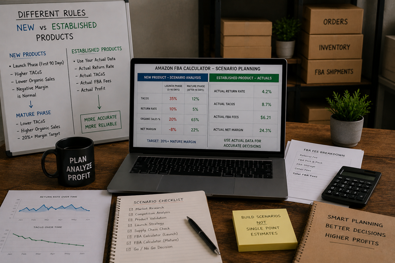 Amazon FBA planning workspace comparing launch and mature profitability scenarios, using inventory data, performance metrics, and financial modeling to evaluate new and established products.