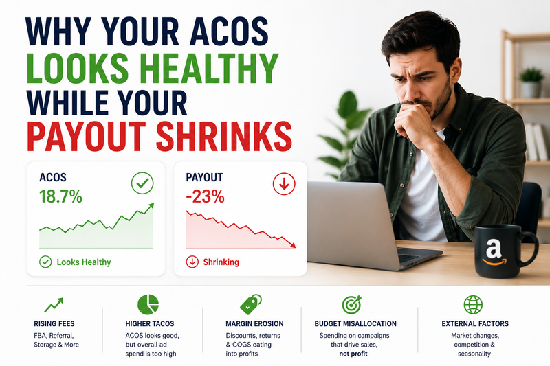 Amazon PPC optimization concept showing why a healthy ACOS does not always lead to higher profits. The image features an Amazon seller analyzing performance on a laptop, with a comparison between strong ACOS metrics and declining payouts. The visual highlights common Amazon profit leaks including rising FBA fees, high TACoS, margin erosion, budget misallocation, and external market factors affecting profitability.