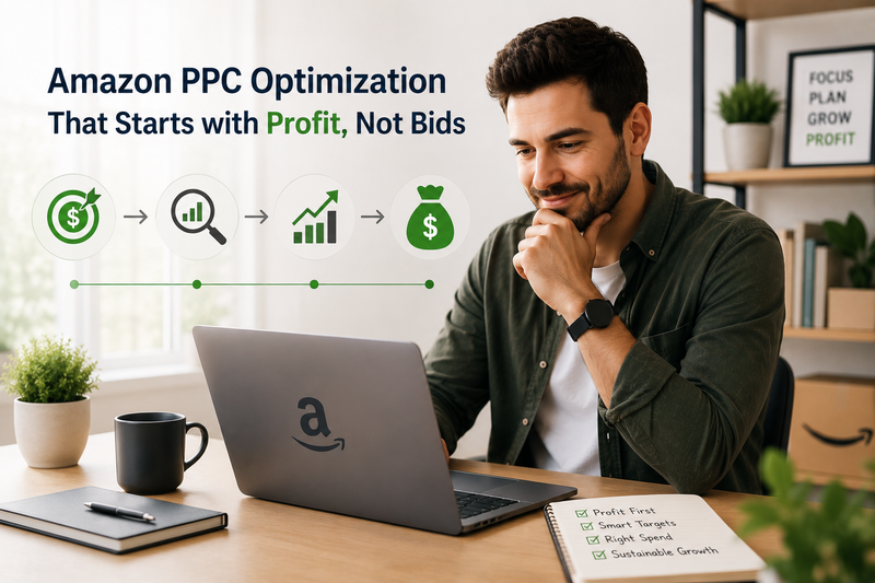 Amazon PPC optimization that starts with profit, not bids. A professional Amazon seller works on a laptop in a modern office while visual icons illustrate a profit-first advertising strategy. The image highlights smarter budget allocation, profitable growth, and sustainable Amazon PPC management focused on maximizing profit rather than simply increasing bids.