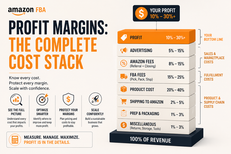 Amazon FBA Profit Margins Cost Stack infographic showing Amazon fees, FBA costs, advertising spend, product costs, and net profit breakdown for sellers looking to improve profitability and scale their Amazon business.