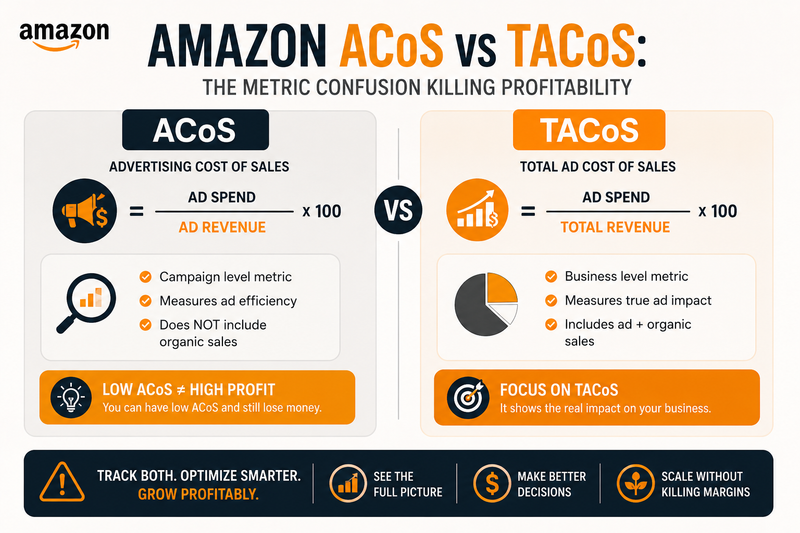 Amazon ACoS vs TACoS infographic comparing advertising cost of sales and total advertising cost of sales, helping Amazon sellers understand ad efficiency, organic sales impact, profitability metrics, and PPC optimization strategies.