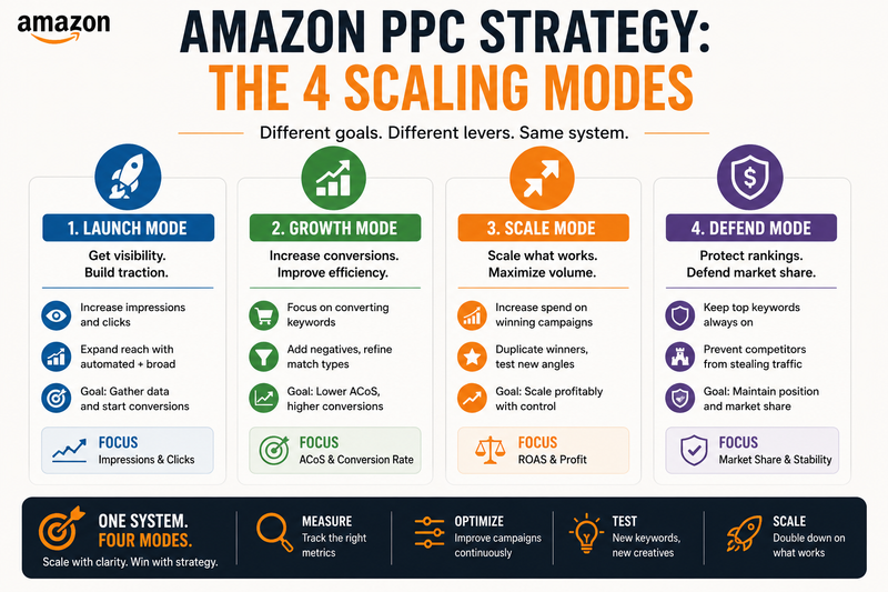 Amazon PPC Strategy infographic illustrating the four scaling modes—Launch, Growth, Scale, and Defend—helping Amazon sellers optimize advertising campaigns, improve ACoS, increase conversions, scale profitable keywords, and protect market share.