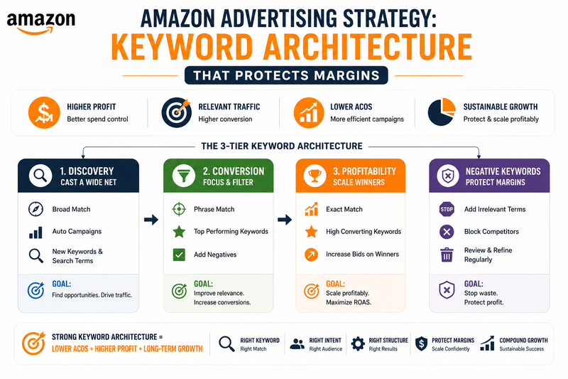 Amazon Advertising Strategy infographic showing a keyword architecture framework that protects profit margins through keyword discovery, conversion optimization, profitable scaling, and negative keyword management for lower ACoS and higher ROI.