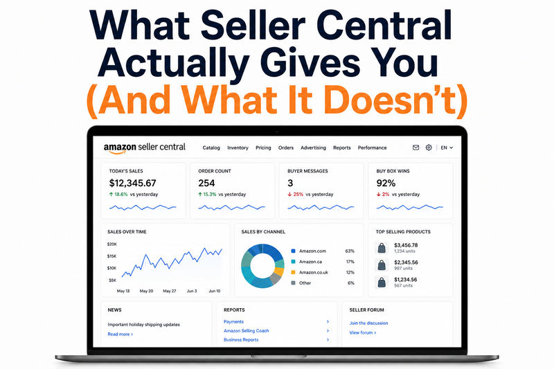 Minimalist Amazon Seller Central marketing graphic featuring the headline “What Seller Central Actually Gives You (And What It Doesn’t)” above a large laptop displaying the Amazon Seller Central dashboard. The screen shows sales metrics, order data, Buy Box performance, revenue trends, product analytics, and reporting tools. Clean white background with navy blue and orange typography, designed for Amazon FBA