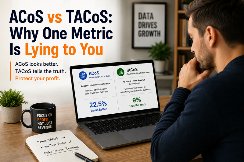 Lifestyle marketing image showing an Amazon seller analyzing ACoS vs TACoS performance metrics on a laptop in a modern office workspace. The headline reads “ACoS vs TACoS: Why One Metric Is Lying to You” with a side-by-side comparison of Amazon PPC advertising metrics displayed on screen. The desk includes a notebook with profitability notes, a coffee mug featuring a profit-focused message, and productivity-focused workspace elements. Designed for Amazon FBA sellers, eCommerce entrepreneurs, PPC optimization, advertising analytics, TACoS analysis, profitability tracking, and data-driven business growth.