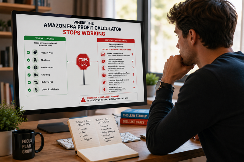 Amazon FBA seller analyzing profitability data at a modern office desk, highlighting the limitations of the Amazon FBA profit calculator. The scene represents real-world factors affecting Amazon seller profits, including inventory costs, PPC advertising, competitor actions, market demand changes, and hidden business expenses beyond standard profit calculations.