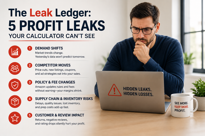 Amazon FBA seller analyzing hidden profit leaks on a laptop in a modern office workspace. Clean business-themed image illustrating five common profitability issues that Amazon profit calculators cannot detect, including demand shifts, competitor actions, fee changes, inventory risks, and customer review impact.