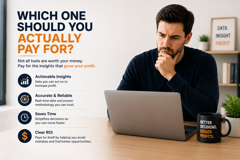Professional Amazon seller evaluating software tools and business analytics on a laptop in a modern office. Minimalist lifestyle image featuring the headline “Which One Should You Actually Pay For?” focused on choosing the right Amazon seller tools based on actionable insights, ROI, accuracy, and profitability.