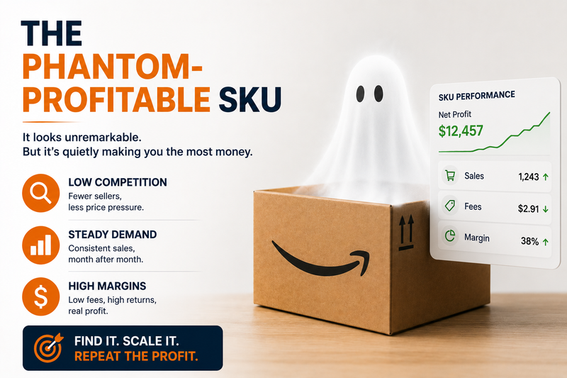 The Phantom-Profitable SKU concept image showing a hidden high-performing Amazon FBA product. A shipping box with a ghost illustration symbolizes an overlooked SKU generating strong profits through low competition, steady demand, and healthy margins, despite appearing ordinary on the surface.  Short Alt Text: