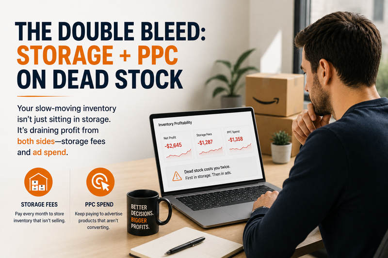 Amazon FBA seller analyzing inventory profitability on a laptop in a modern office. The image illustrates “The Double Bleed: Storage + PPC on Dead Stock,” showing how slow-moving inventory creates both storage fees and wasted advertising spend, reducing overall ecommerce profitability.