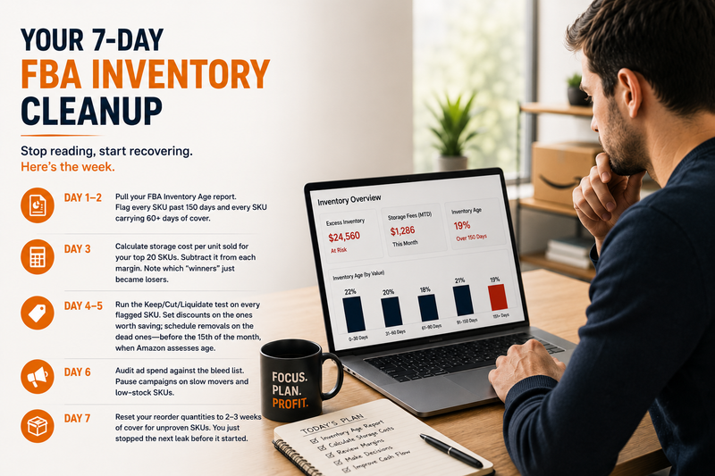 Amazon FBA seller reviewing inventory performance and storage costs on a laptop in a modern workspace. The image promotes a 7-Day FBA Inventory Cleanup plan designed to reduce excess inventory, lower storage fees, improve cash flow, and increase profitability through better inventory management.