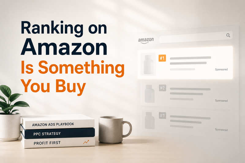 Ranking on Amazon Is Something You Buy. Minimalist Amazon PPC and keyword ranking concept featuring a clean workspace, Amazon search results mockup, and sponsored product placements. The image illustrates how Amazon rankings are influenced by advertising spend, PPC strategy, keyword targeting, and paid visibility rather than organic ranking alone.