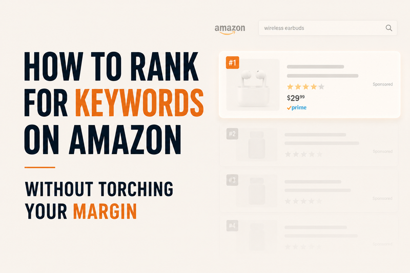 How to Rank for Keywords on Amazon Without Torching Your Margin. Minimalist Amazon SEO and PPC strategy graphic featuring a clean search results interface with a highlighted top-ranking sponsored product. The image illustrates balancing keyword rankings, advertising spend, profitability, and margin protection for Amazon sellers.