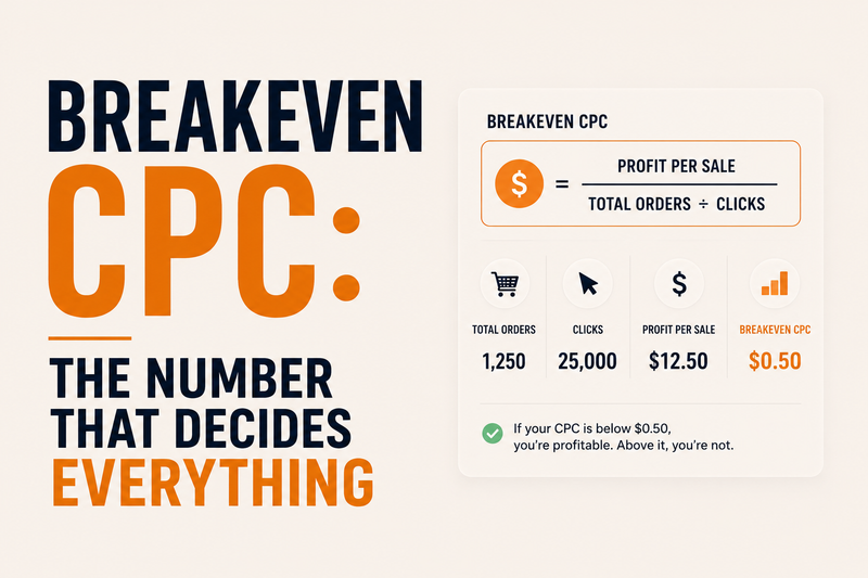 Breakeven CPC: The Number That Decides Everything. Clean Amazon PPC profitability graphic illustrating the importance of calculating break-even cost per click (CPC) for advertising success. Minimalist design featuring CPC metrics, profit per sale calculations, click data, and profitability thresholds for Amazon sellers.