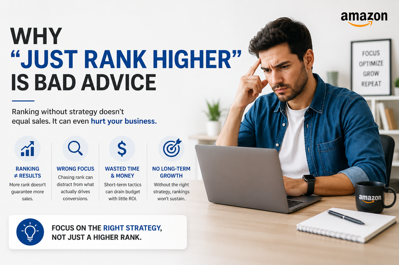 Amazon SEO strategy banner featuring a thoughtful seller working on a laptop in a modern office, with the headline “Why ‘Just Rank Higher’ Is Bad Advice.” Clean blue-and-white design highlighting the importance of conversion-focused Amazon SEO, profitable keyword strategy, sustainable ranking growth, higher ROI, and long-term Amazon marketplace success rather than chasing rankings alone.
