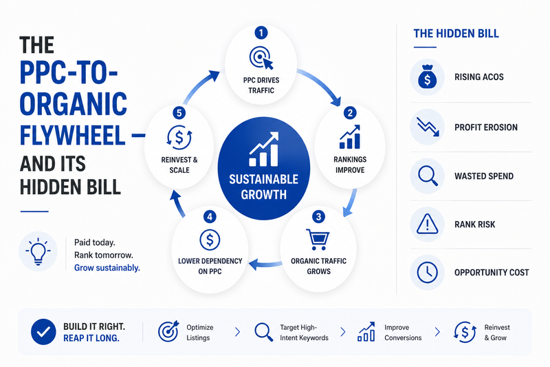 Amazon PPC and SEO growth infographic titled “The PPC-to-Organic Flywheel — and Its Hidden Bill,” featuring a clean blue-and-white flywheel diagram that illustrates how Amazon PPC drives rankings, organic traffic, and sustainable growth. Minimalist design highlighting hidden advertising costs, rising ACoS, profit erosion, wasted ad spend, and the importance of long-term Amazon marketing strategy for profitable growth and higher ROI.